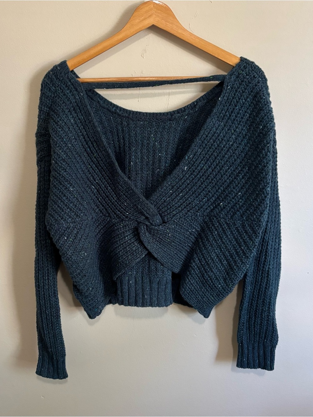 Kaisely Teal Heathered Knit Cropped Sweater Twist Open Back L